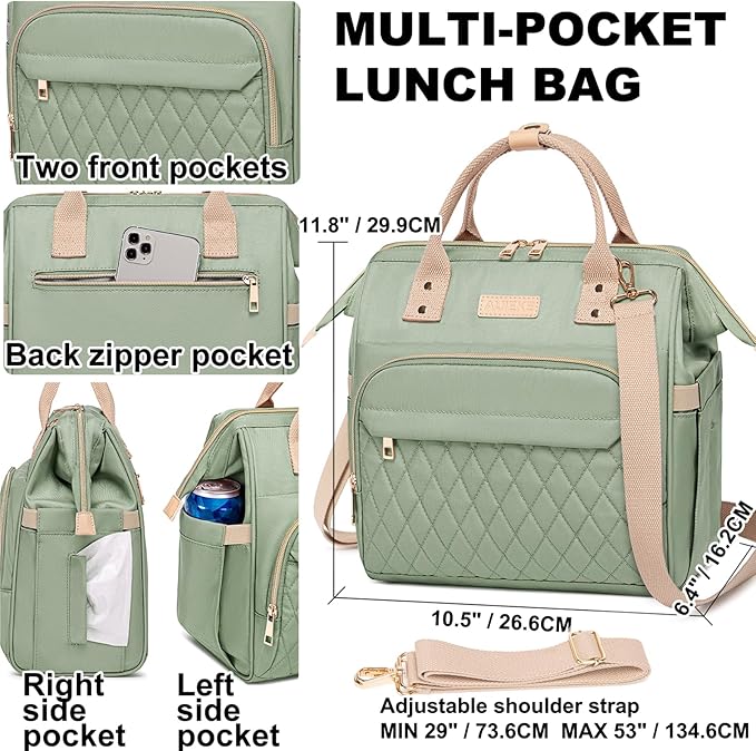 AIJIEKE Lunch Bag for Women, Leakproof & Insulated Work Lunch Box Tote, Reusable Adult Cooler Bag with Water Bottle Side Pocket & Removable Shoulder Strap, Green