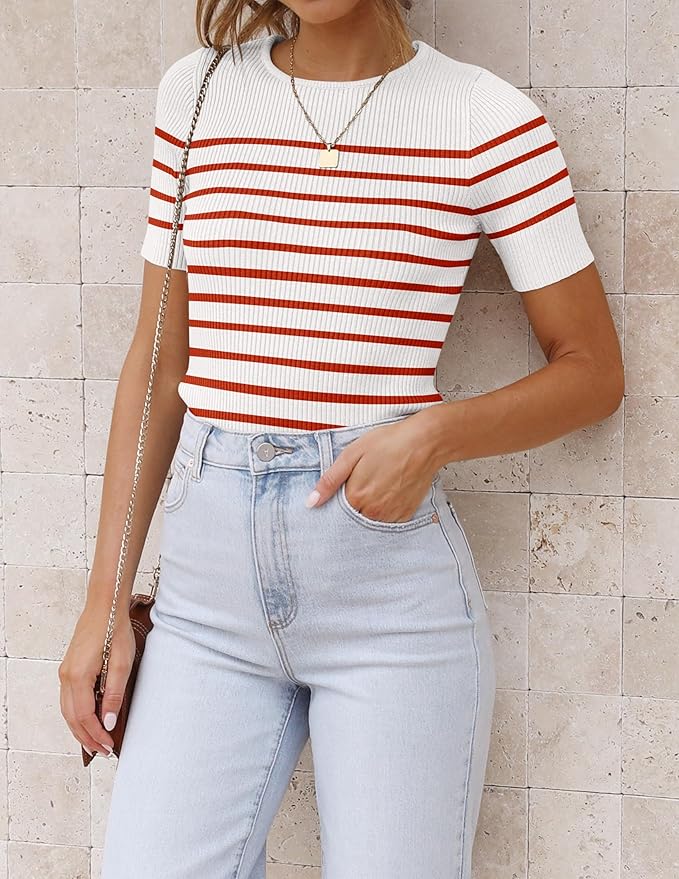 ZESICA Women's Short Sleeve Crewneck Striped T Shirt 2026 Summer Ribbed Knit Slim Fit Casual Basic Tee Tops