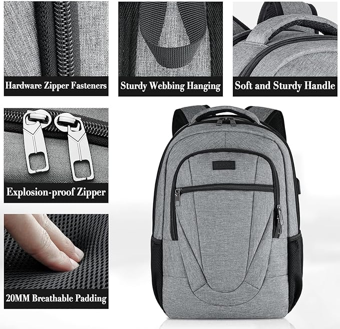 BIKROD Travel Laptop Backpack for Men and Women, Backpacks for School Teen Boys, Business Anti Theft Slim Durable Back Pack with USB Charging Port, Adult Computer Bag Gift 15.6 IN Laptop, Grey