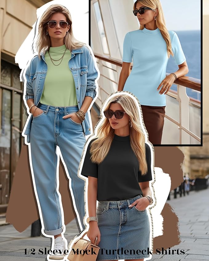 Ficerd 3 Pack Women's 1/2 Sleeve Mock Turtleneck Shirts, Elbow Length Shirt Half Sleeve Tunic Top Casual Summer Basic Tees