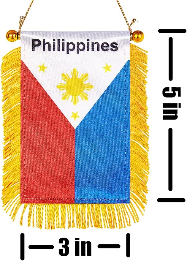 ZXvZYT 3 X 5 Inch Philippines Philippine Window Hanging Flag Filipino Small Mini Car Flags Banners Rearview Mirror Decoration - with Suction Cup & Golden Fringy Banner(2 Pack)