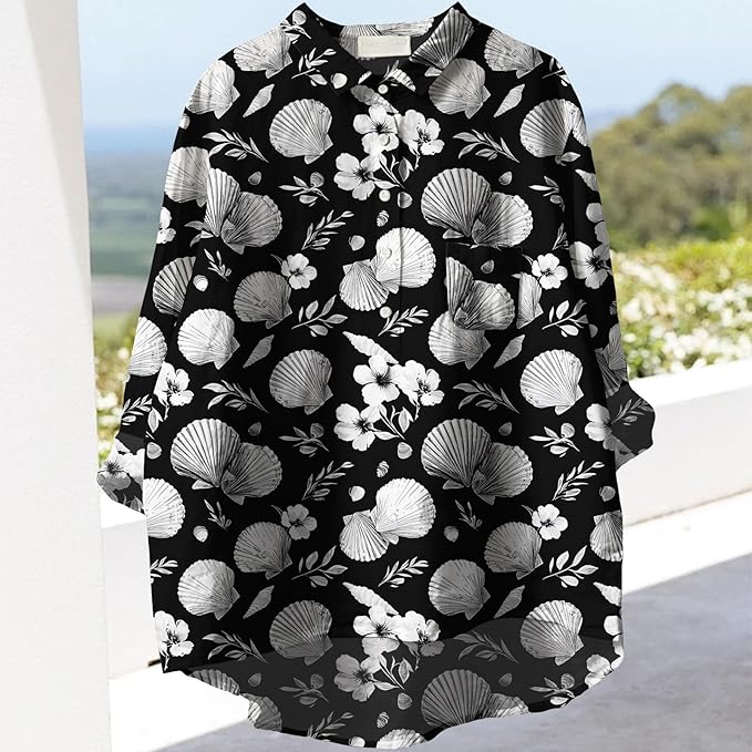 Womens Boho Tops 3/4 Long Sleeve Floral Blouses Hawaii Beach Button Down Shirts V Neck Pullover Casual Tunics