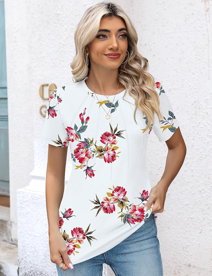 Kistore Womens Casual Crew Neck Short Sleeve Pleated Tops Blouses Fashion Clothes 2026