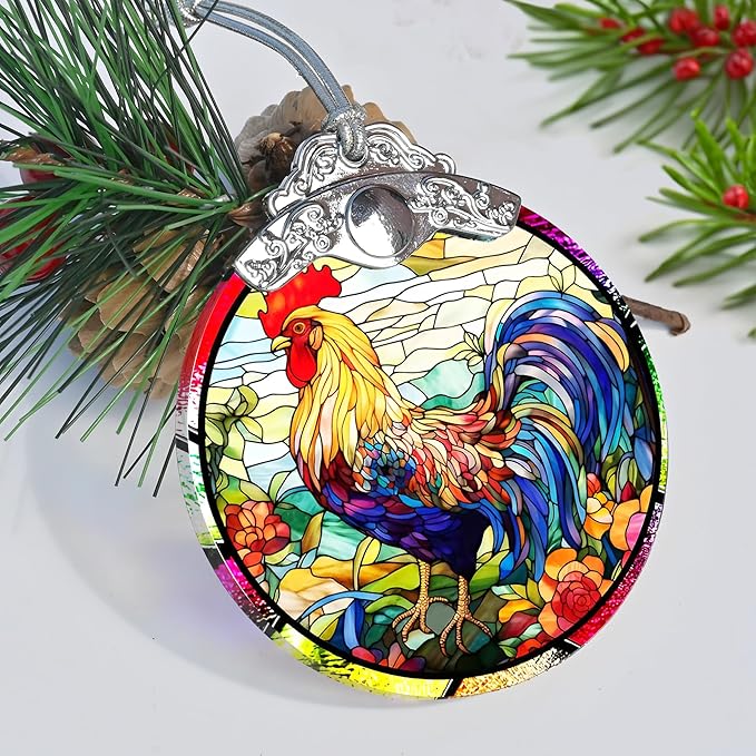 Jocidea Glass Chicken Christmas Ornament, Semi Transparent Stained Glass Ornament, Colorful Festive Decor for Holidays and Gifts