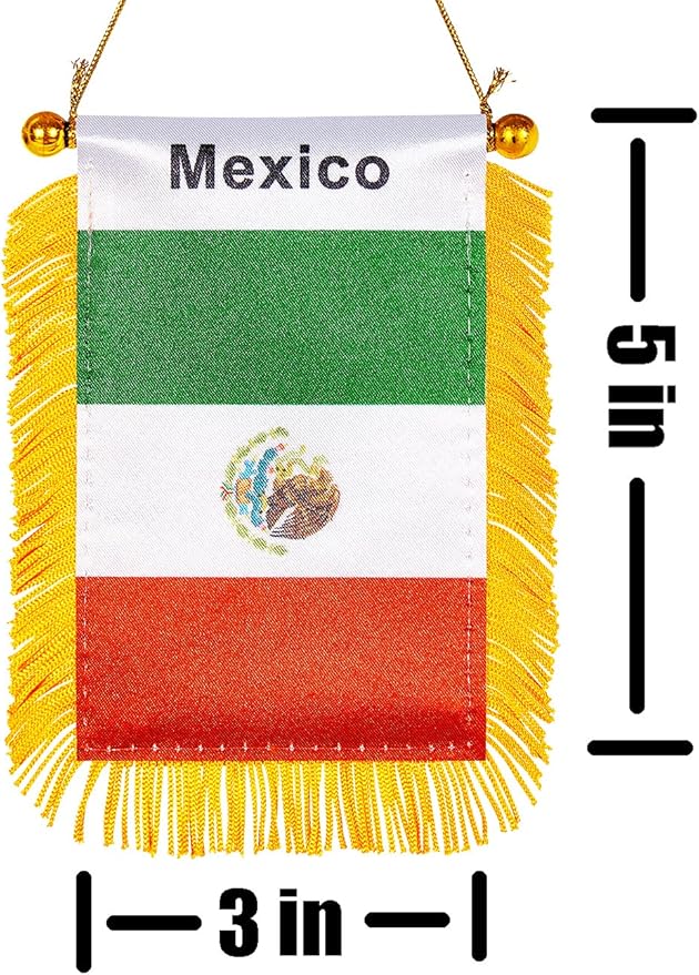 ZXvZYT 3 X 5 Inch Mexico Window Hanging Flag Mexican Small Mini Car Flags Banners Rearview Mirror Decoration - with Suction Cup & Golden Fringy Banner(2 Pack)
