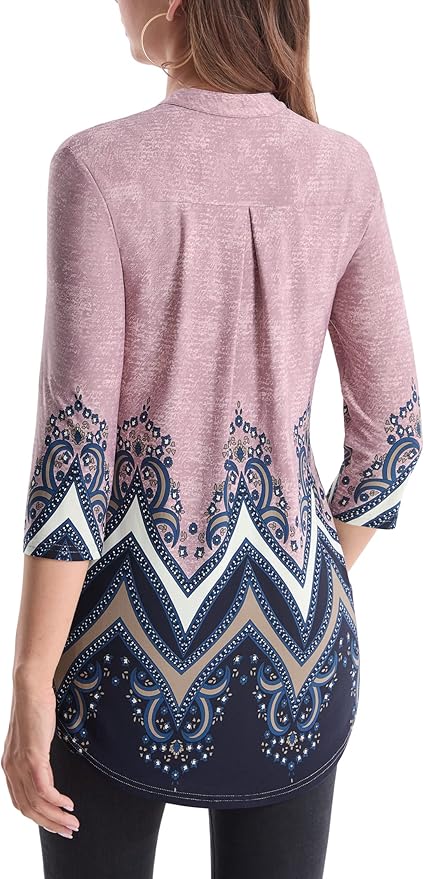 BAISHENGGT 3/4 Sleeve Tops for Women Notch V Neck Floral Work Blouses Dressy Casual Loose Fit Going Out Tunic Tops