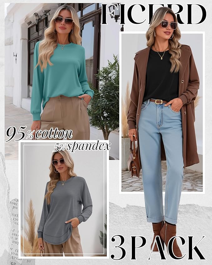 Ficerd 3 Pack Women's Long Sleeve Shirts, Cotton Crew Neck Tunic Tops Casual Loose Fit Pullover Sweatshirts Curved Hem Shirts