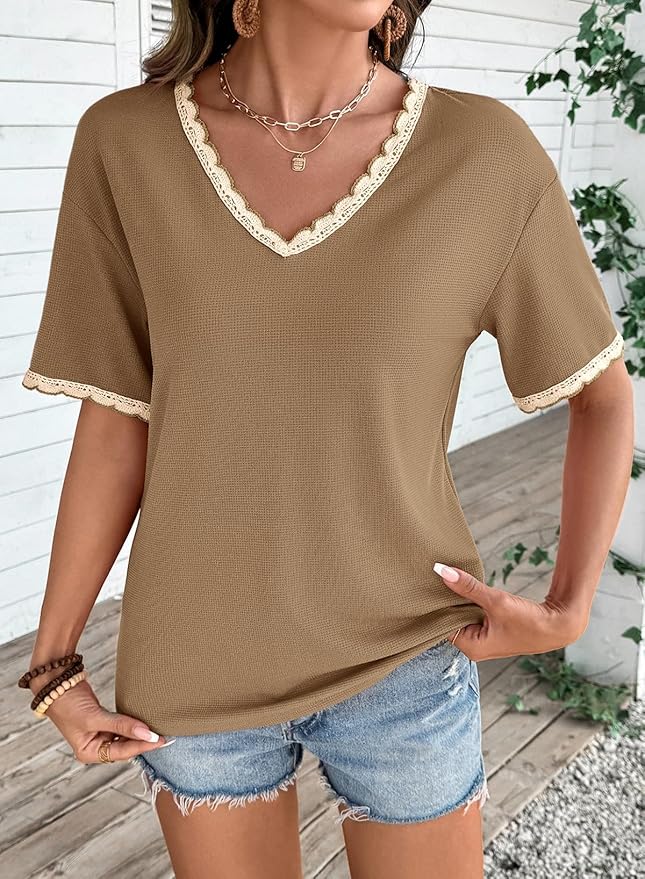 Dokotoo Womens Summer Tops Casual Short Sleeve Lace T-Shirts Solid V Neck Waffle Knit Shirts Blouses