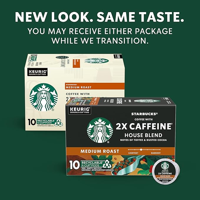 Starbucks K-Cup Coffee Pods, Medium Roast Coffee With 2X Caffeine House Blend For Keurig Coffee Makers, 100% Arabica, 6 Boxes (60 Pods Total)