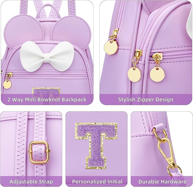 KKXIU Girls Initial Bowknot Cute Mini Backpack for Toddler, Travel Small Girl Backpacks, Personalized Valentine's Day Gifts for Little Girls and Kids(T, Purple)