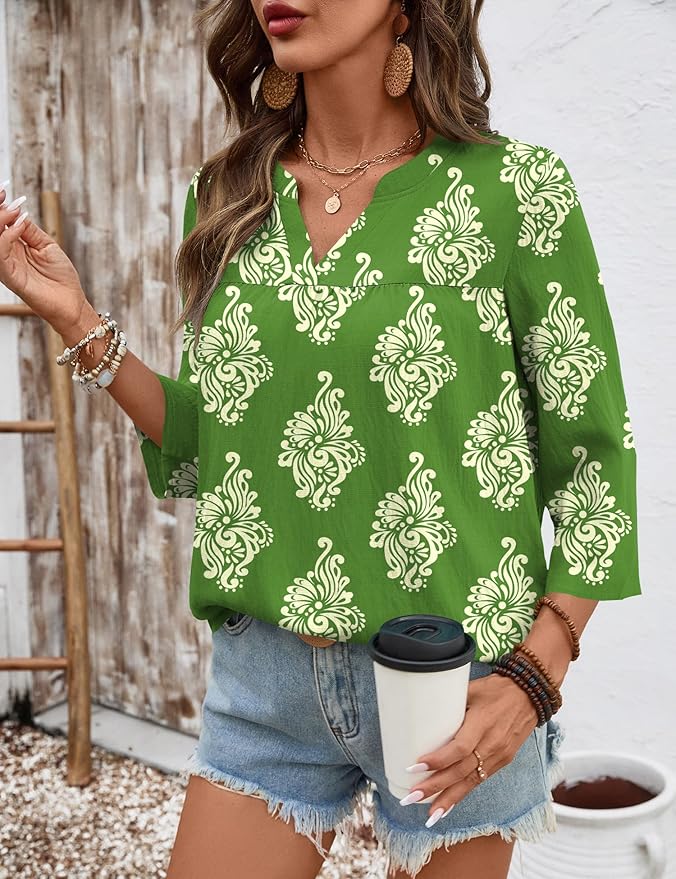 Rapbin Womens 3/4 Sleeve V Neck Floral Print Pleated Blouses for Women Dressy Casual Loose Fit Tops