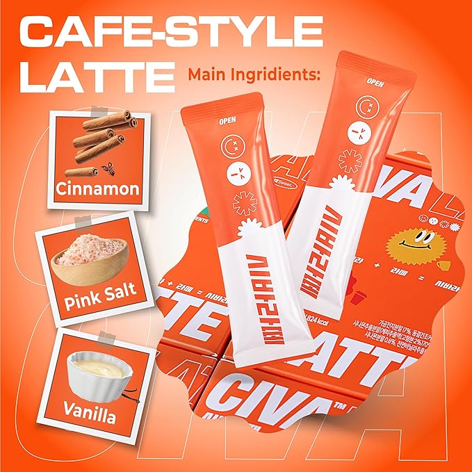 CIVA LATTE Korean Instant 3-in-1 Cinnamon Latte Coffee, Premium Vanilla Mix- Freeze Dried Beans & Himalayan Pink Salt, Smooth Medium Roast, No Trans Fat, Café Style Single Serve Sticks 8 Packets