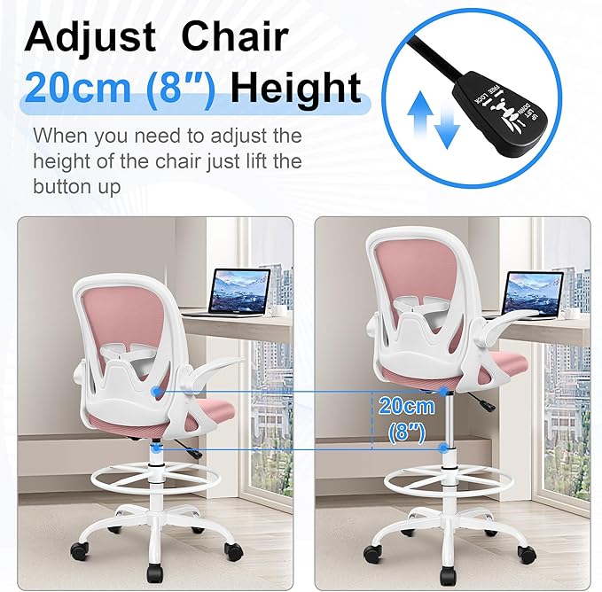 Primy Drafting Chair Tall Office Chair with Flip-up Armrests Executive Ergonomic Computer Standing Desk Chair with Lumbar Support and Adjustable Footrest Ring (Rose Quartz)