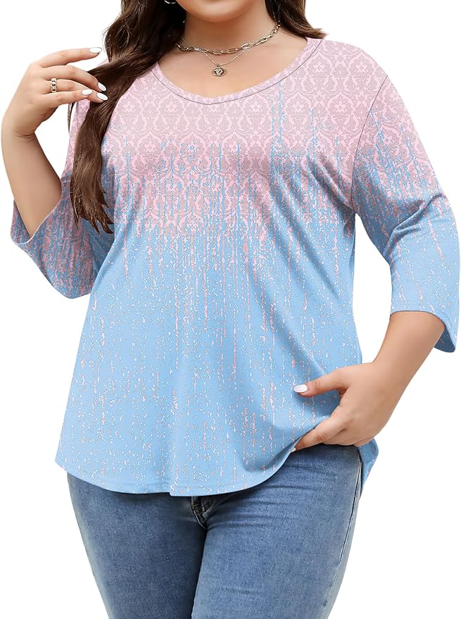 TFSDOD Womens Plus Size Tops V Neck T Shirts 3/4 Sleeve Blouse Summer Casual Tees XL-5X