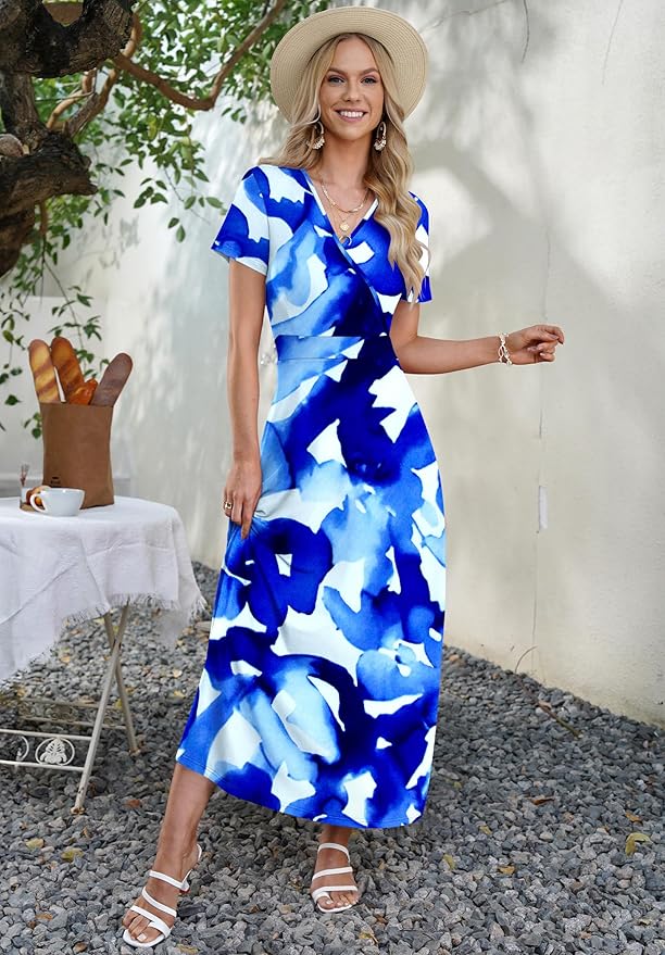 AUSELILY Maxi Dresses for Women Ankle Length Floral Print Beach Long Flowy Dress with Pockets