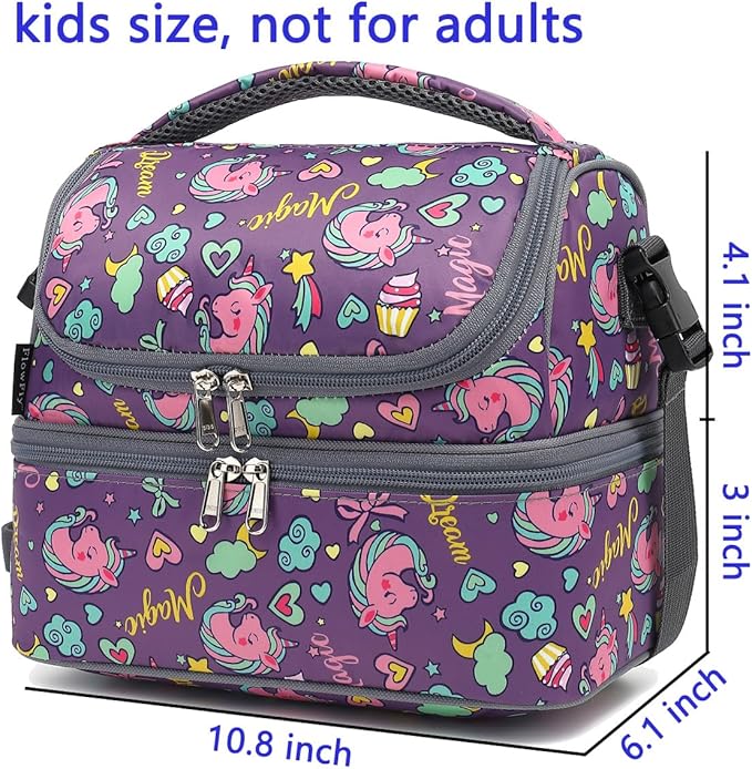 FlowFly Double Decker Cooler Insulated Lunch Bag Large Tote for Boys, Girls, Men, Women, With Adjustable Strap (Purple-Unicorn)