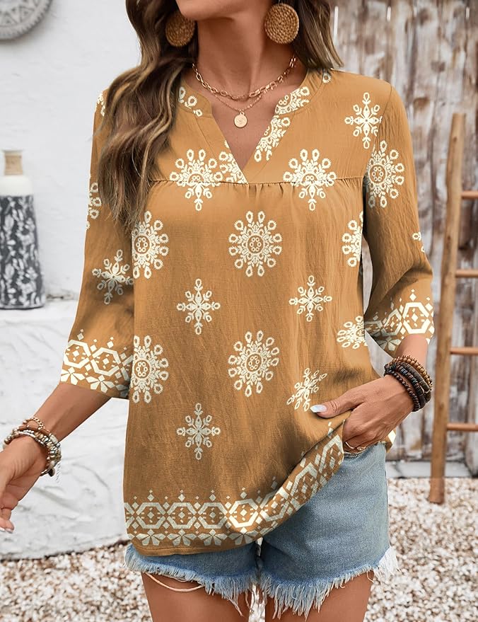 Rapbin Womens 3/4 Sleeve V Neck Floral Print Pleated Blouses for Women Dressy Casual Loose Fit Tops