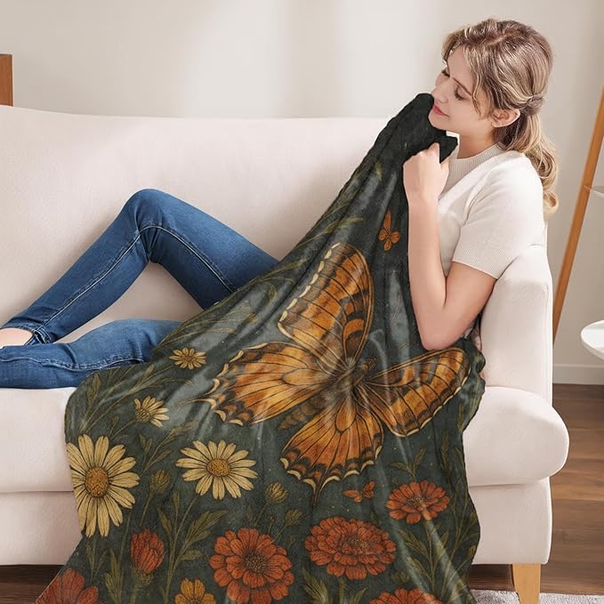 Butterfly Gifts, Orange Butterfly and Moon Theme Flannel Blanket for Women, Gothic Birthday Throw Blankets for Kids, Girls, Travel Camping Sofa Living Room Decor 60x80 in
