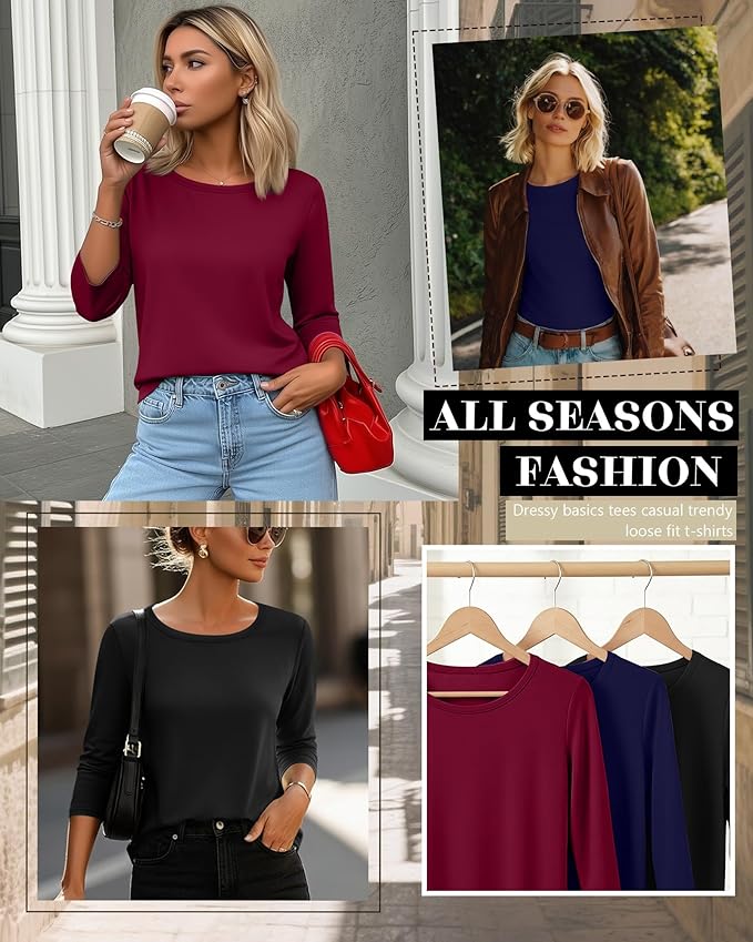 Ficerd 3 Pack 3/4 Sleeve Tops for Women Round Neck Dressy Basics Tees Casual Trendy Loose Fit T Shirts