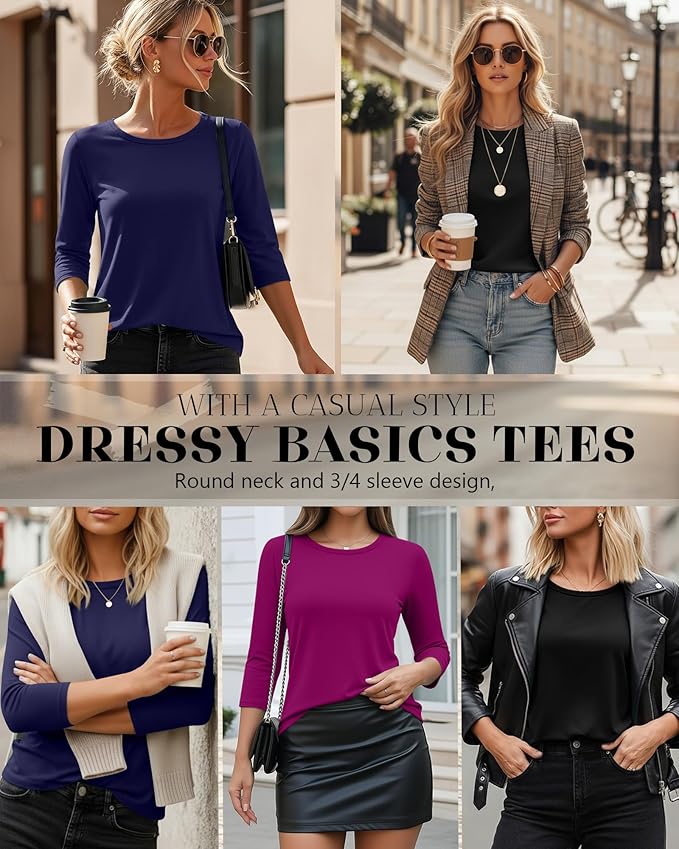 Ficerd 3 Pack 3/4 Sleeve Tops for Women Round Neck Dressy Basics Tees Casual Trendy Loose Fit T Shirts