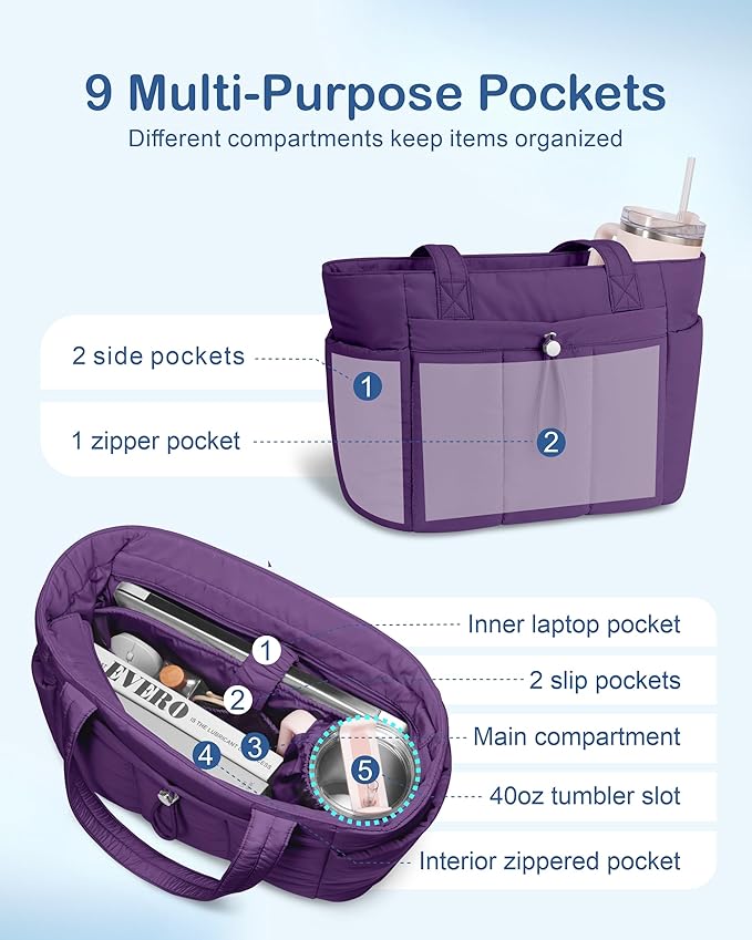 TOPDesign Puffy Tote Bag for Women with Cup Holder & Laptop Compartment & Cosmetic Bag & Trolley Sleeve for Work, Travel