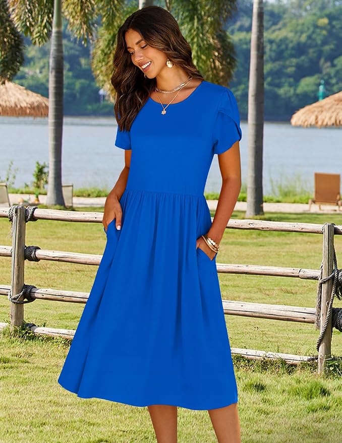 HOTOUCH Women's Summer A-Line Midi Dresses 2026 Casual Floral Short Sleeve T-Shirt Dress Flowy Beach Sundress with Pockets