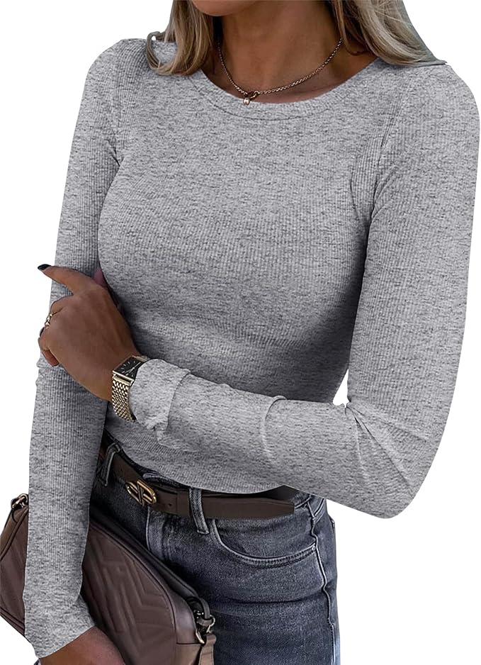 Roselux Womens Long Sleeve Stretch Crewneck Ribbed T-Shirt Fitted Casual Basic Tops