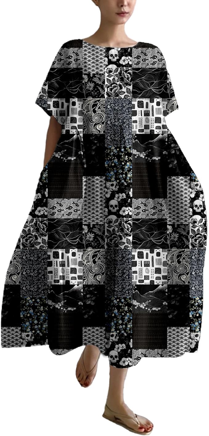 MARSVOVO Patchwork Flowy Dresses for Women Plus Size Loose Casual Tunic Dress Elegant Crewneck Maxi Dresses with Pockets