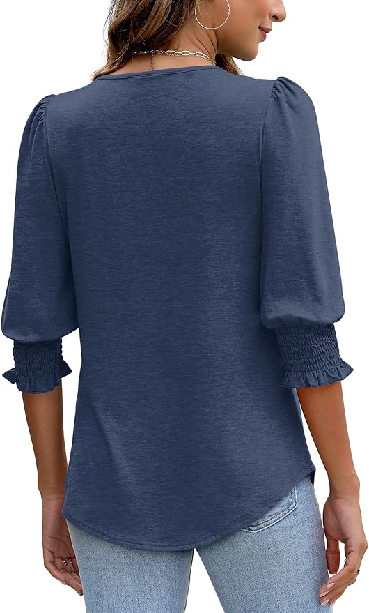 XIEERDUO Blouses for Women Dressy Casual 3/4 Length Sleeve Womens Tops with Smocked Cuffs