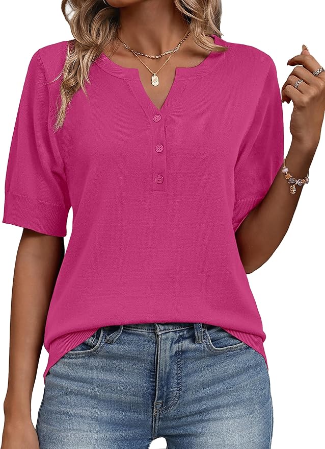 Zeagoo Women's Short Sleeve Sweater 2026 Spring Summer Tops Lightweight Casual V Neck Sweaters Dressy Work Blouses Clothes
