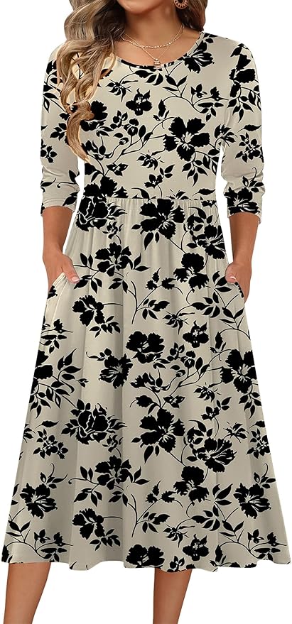 Zeagoo 3/4 Sleeve Women's Dress Casual Flowy A-Line Midi Tshirt Dresses with Pockets Crewneck Vocation Boho Beach Sundress