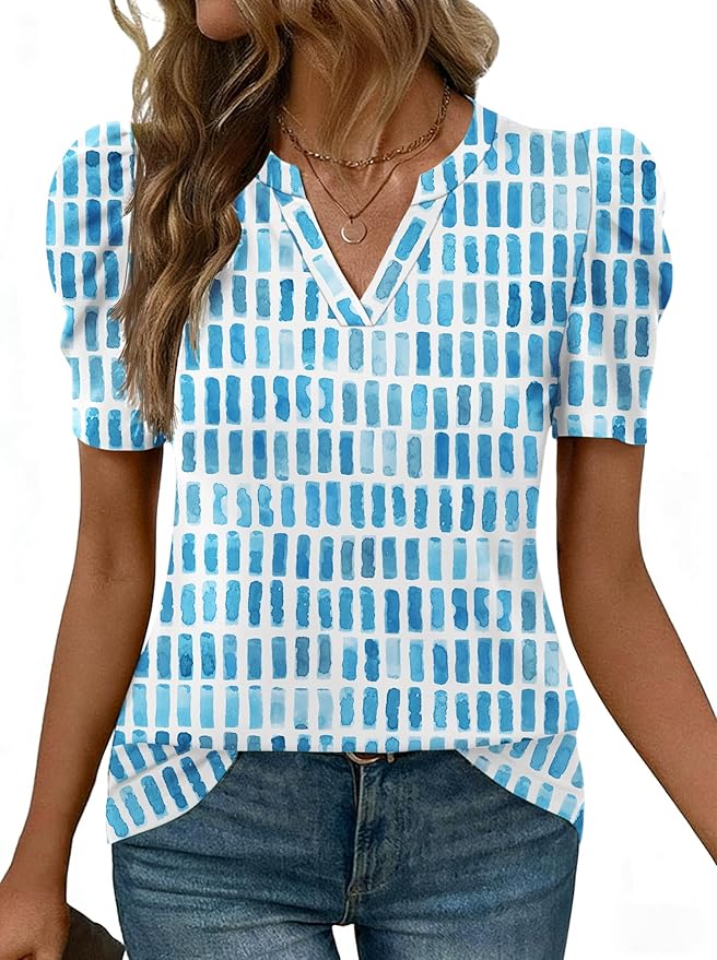 Lomon Spring Summer Tops for Women 2026 V Neck Puff Short Sleeve Tops Fashion Trendy Work Blouses Dressy Casual S-XXL