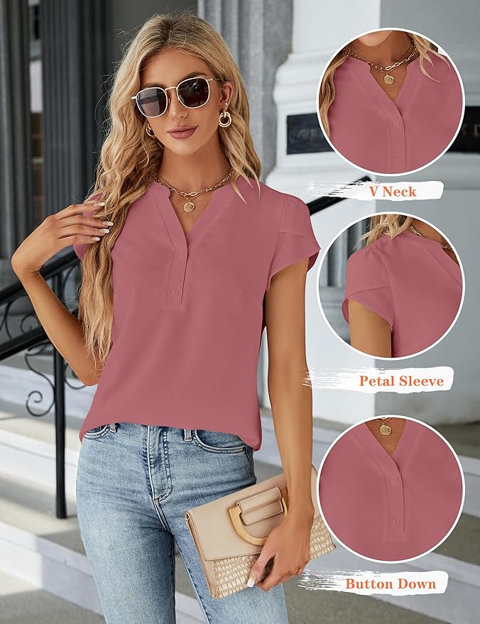 Blooming Jelly Women's Dressy Casual Tops Business Work Blouses White Button Down Shirts Cap Sleeve V Neck Tshirt