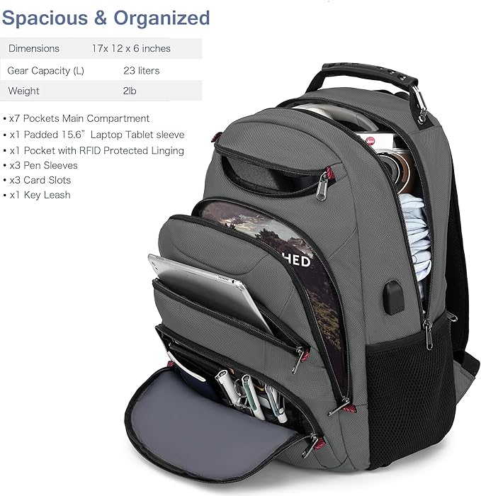 Boavan Laptop Backpack for men, 15.6 inch Laptop Bag with USB Port, Waterproof Travel Work Backpack Purse, Anti-Theft Teacher Nurse Doctor Casual Bookbags Office Business backpack，Grey