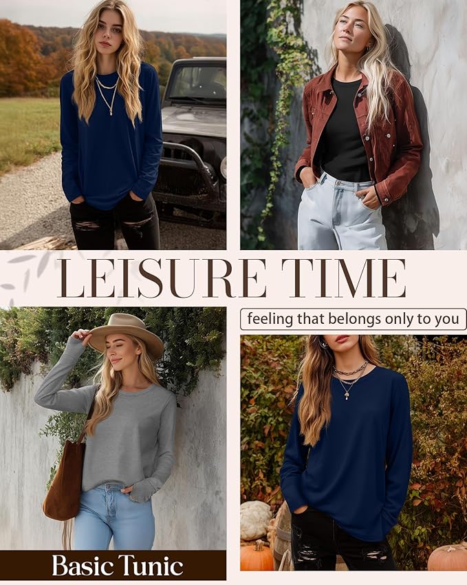 Huukeay 3 Pack Women's Long Sleeve Shirts with Thumb Holes, Cotton Casual Crew Neck Tunic Tops Fall Loose Y2k Trendy Outfits