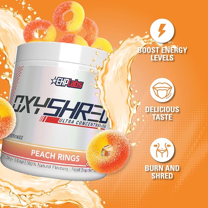 EHP Labs OxyShred Pre Workout Powder - Preworkout Powder with L Glutamine & Acetyl L Carnitine, Energy Boost Drink - Peach Candy Rings, 60 Servings