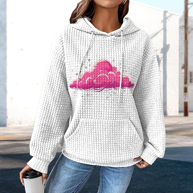 domirica Pullover Sweatshirts For Women Drawstring Long Sleeve Waffle Sweatshirt With Pocket Vintage Street Wear Qutfits