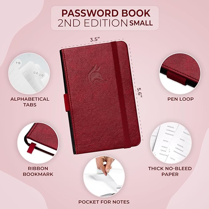 Clever Fox Password Book 2nd Edition Small – Pocket Password Keeper with Alphabetical Tabs – Internet Address Notebook & Login Details Organizer Journal – 3.5x5.6” (Wine Red)
