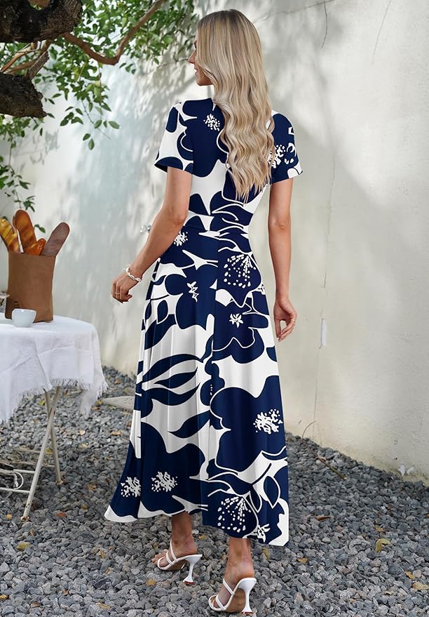 AUSELILY Maxi Dresses for Women Ankle Length Floral Print Beach Long Flowy Dress with Pockets