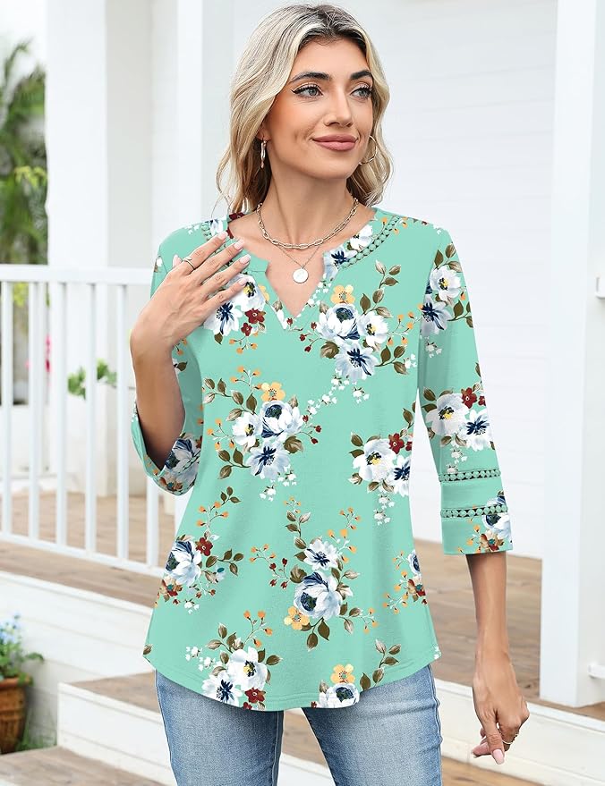 Ivicoer 3/4 Length Sleeve Womens Tops V Neck Lace Embroidered Summer Blouses Loose Fit Tunic Dressy Casual