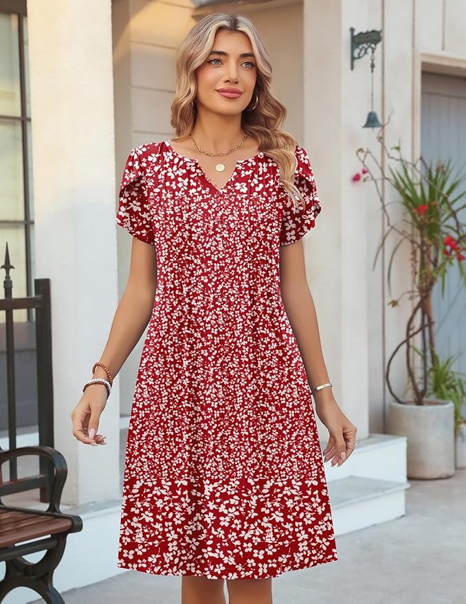 Zeagoo Women's Casual Dresses with Pockets Summer Floral V-Neck A-Line Tshirt Dress Short Sleeve Mini Dress Beach Sundress
