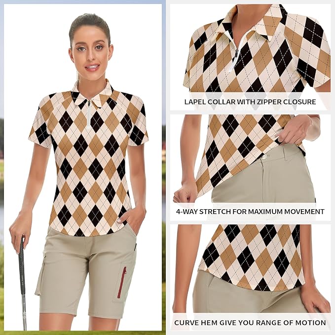 Women's Golf Shirt Short Sleeve Tennis Shirt Quarter Zip Golf Pullover Golf Polo Shirts Argyle Tops