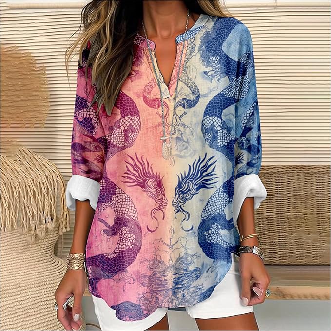 MARSVOVO V Neck Shirt For Women Boho Multi Style Blouse Long Sleeve Novelty Graphic Plus Size Pullover Tops For Women