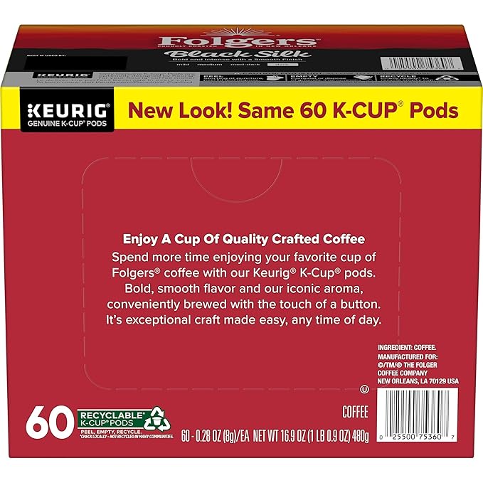 Folgers Black Silk Coffee, Dark Roast, Keurig K-Cup Pods, 10 Count Box (Pack of 6)