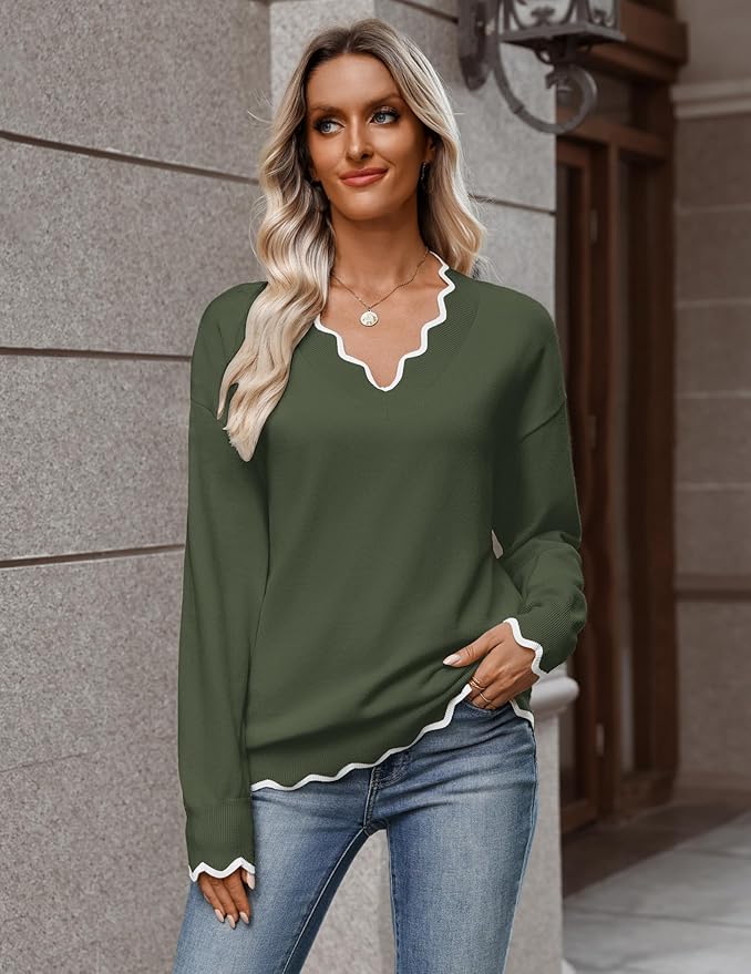 Zeagoo Women's 2026 Fall V Neck Sweater Casual Long Sleeve Lightweight Ribbed Knit Pullover Sweaters Dressy Casual Tops
