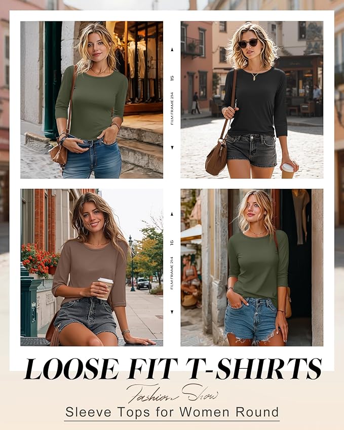 Ficerd 3 Pack 3/4 Sleeve Tops for Women Round Neck Dressy Basics Tees Casual Trendy Loose Fit T Shirts