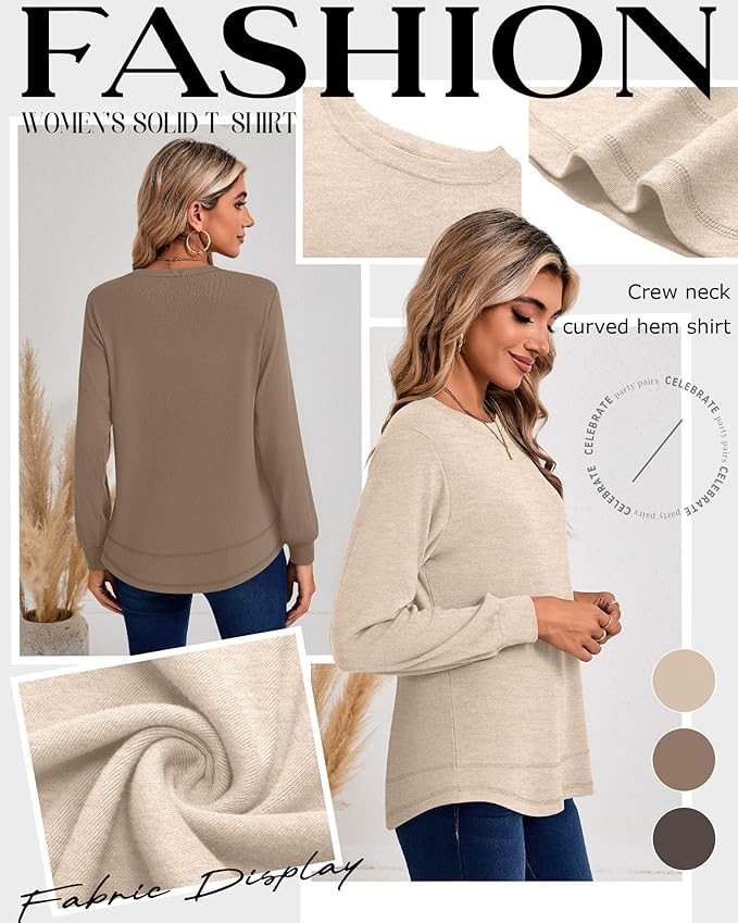 Ficerd 3 Pack Women's Long Sleeve Shirts, Cotton Crew Neck Tunic Tops Casual Loose Fit Pullover Sweatshirts Curved Hem Shirts