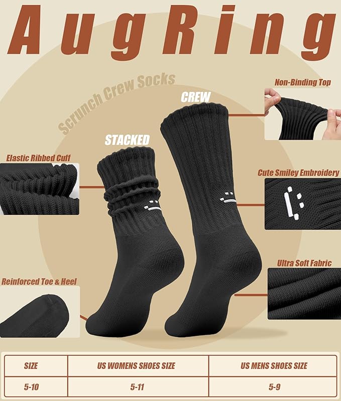 AugRing Women's Cute Scrunch Slouch Crew Socks 3Pack Retro Kawaii Chunky Ribbed Cotton Boot Sneaker Cozy Calf Socks Size 5–11