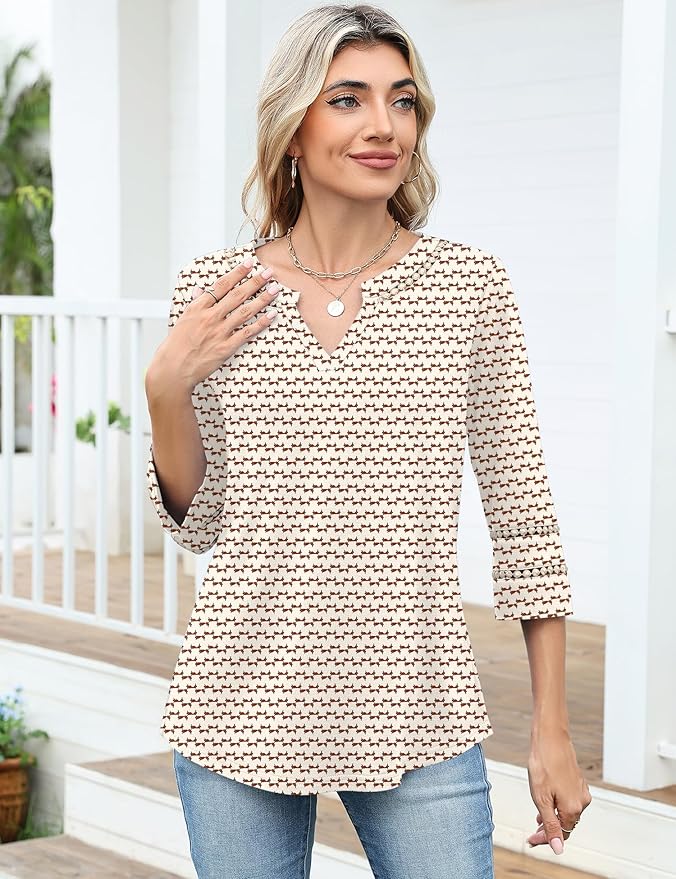 Ivicoer 3/4 Length Sleeve Womens Tops V Neck Lace Embroidered Summer Blouses Loose Fit Tunic Dressy Casual
