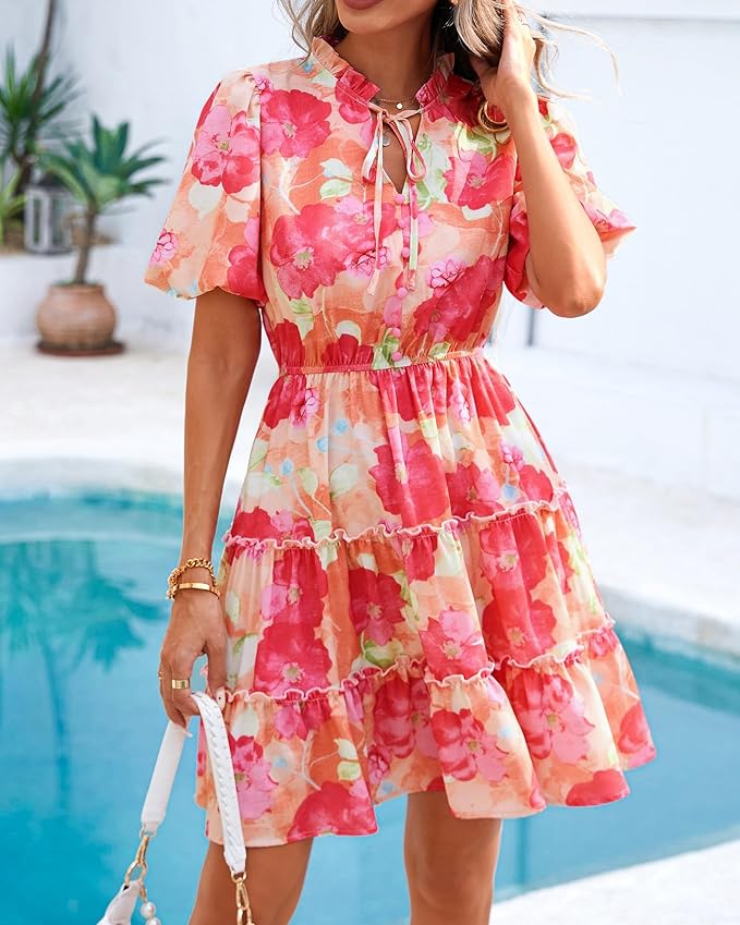 BTFBM Women Summer Floral Short Dresses V Neck Short Sleeve Tiered Ruffle Boho Swing Dress A-Line Mini Dresses